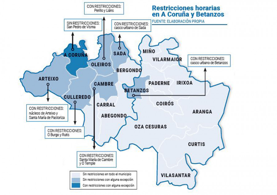 Más de un centenar de núcleos de A Coruña y Betanzos quedan exentos de restricción horaria