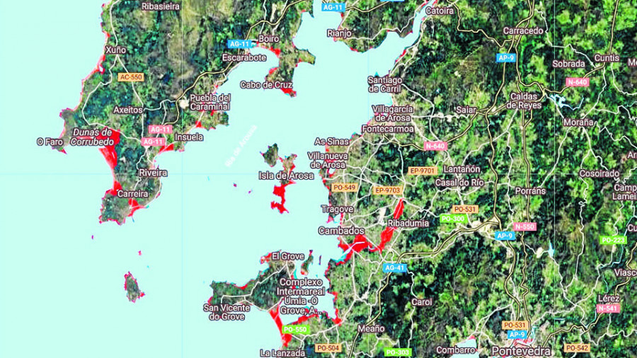 El mar amenaza con tragarse la costa y núcleos de Arousa en solo treinta años