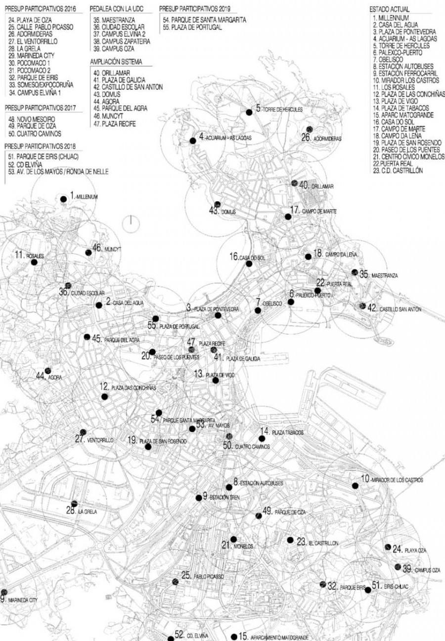 El Ayuntamiento cuenta ya con el mapa de estaciones de BiciCoruña que cubrirá toda la ciudad