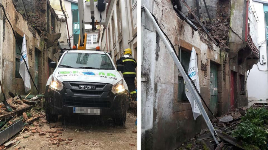 El derrumbe de dos inmuebles en el casco histórico de Betanzos obliga a cerrar parte de la calle de A Cerca