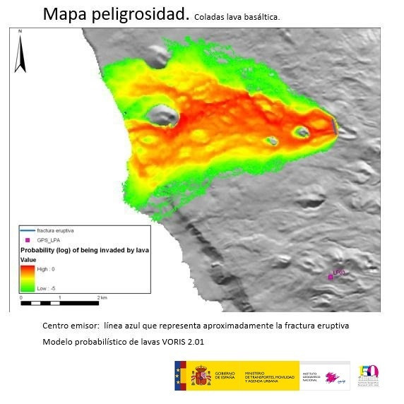 Plano con la direcciu00f3n mu00e1s probable que seguiru00e1n las coladas de lava en su recorrido desde la fisura donde estallu00f3 el volcu00e1n hasta la costa de Tazacorte