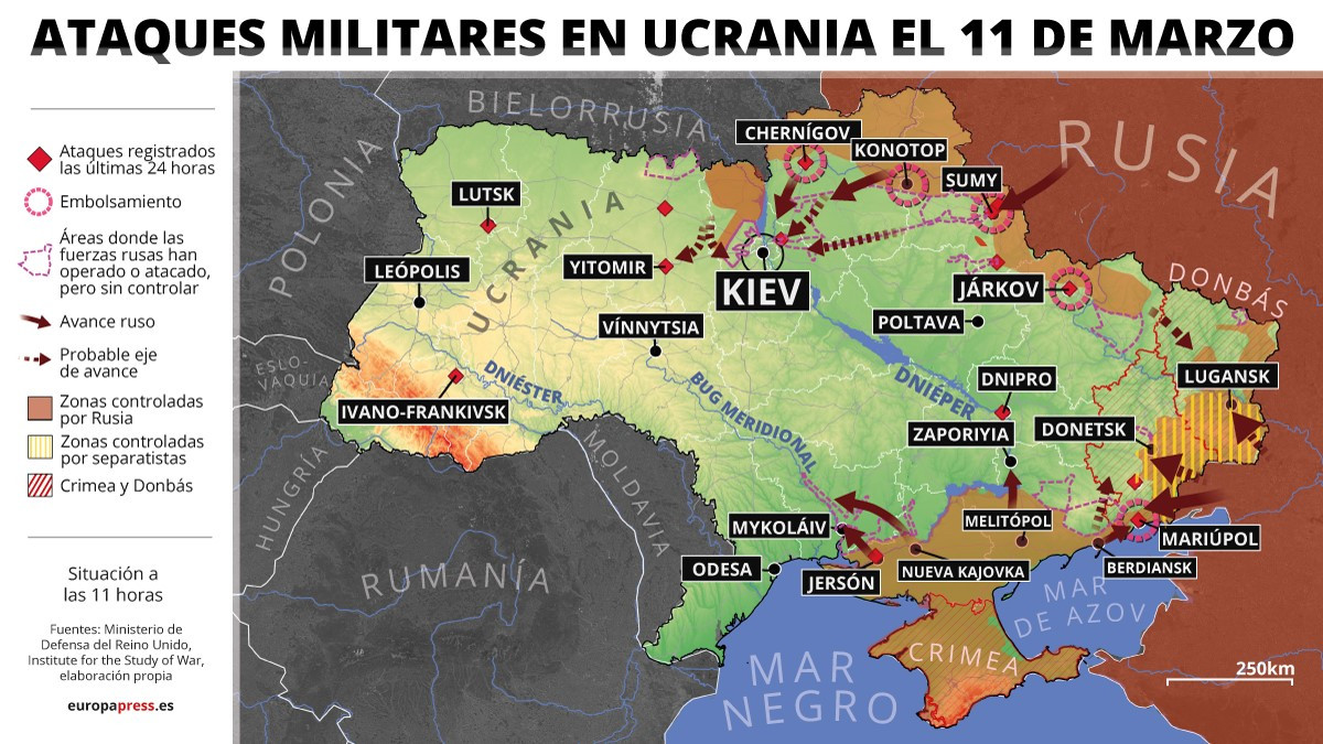 EuropaPress 4307210 mapa ataques militares ucrania 11 marzo 2022 estado 11 horas rusia confirmado 11355700