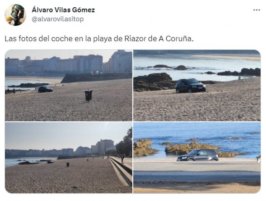 Un coche de la Policía Local de A Coruña se queda atascado en la arena de la playa de Riazor