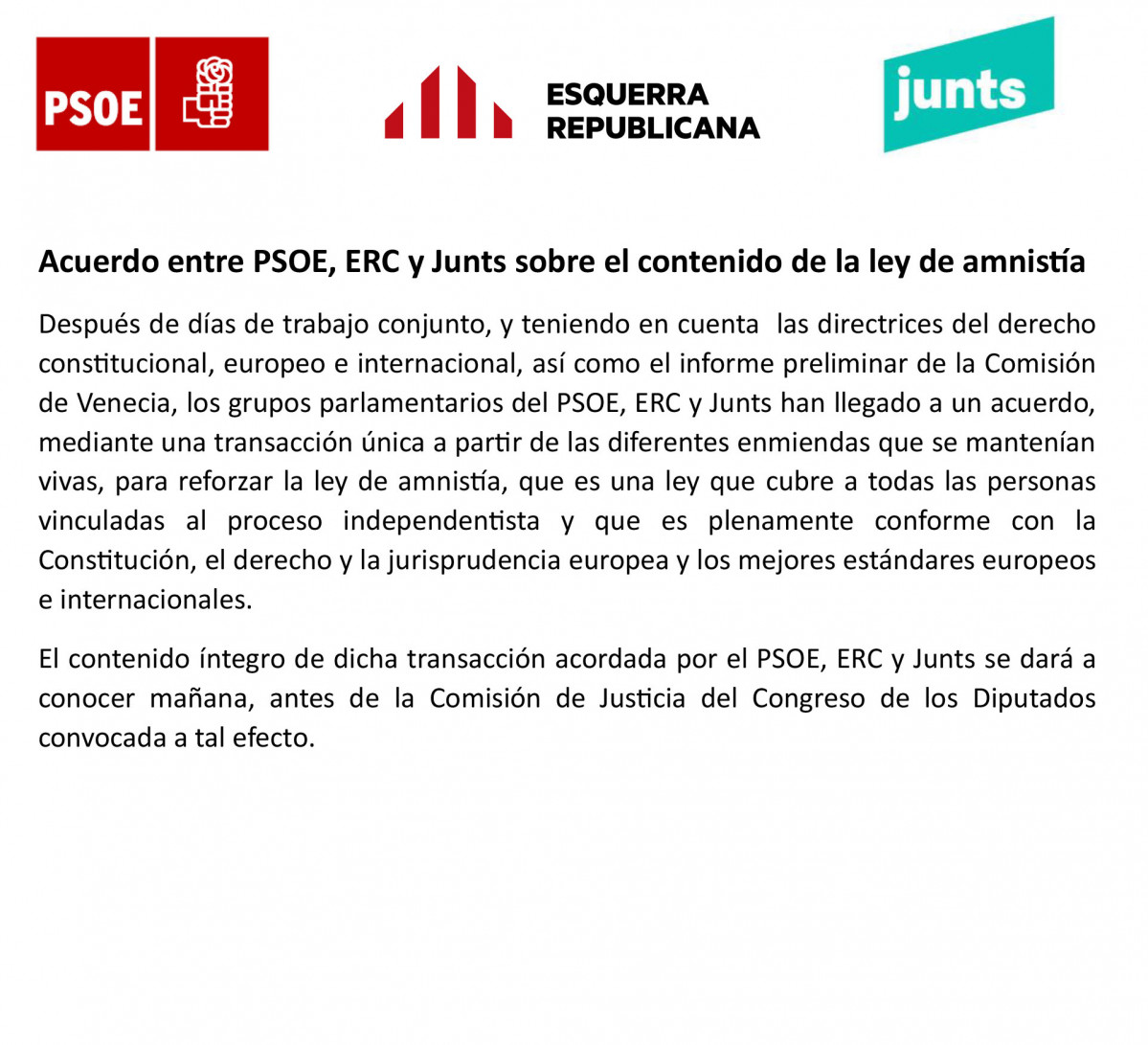 El acuerdo de PSOE, Junts y ERC cubre a todas las personas vinculadas al 'procés'
