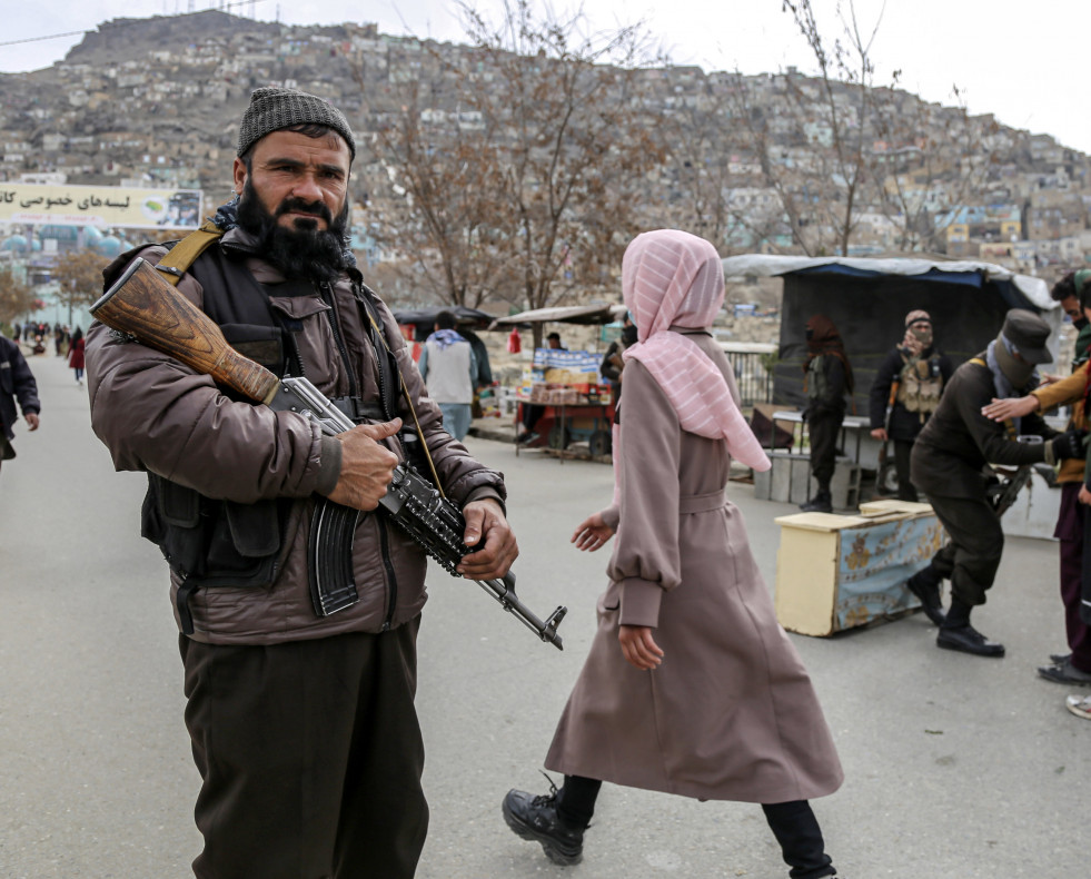 Kabul (Afghanistan), 20/03/2024.- Taliban security members stand guard in a street during Nowruz celebrations, the Persian New Year, in Kabul, Afghanistan, 20 March 2024. Nowruz, which this year falls