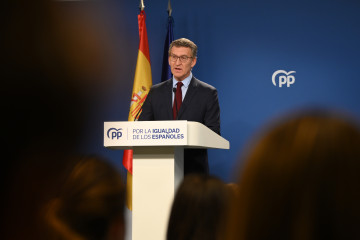 El líder del PP, Alberto Núñez Feijóo, en rueda de prensa ofrecida este jueves en la sede de la formación, en Madrid