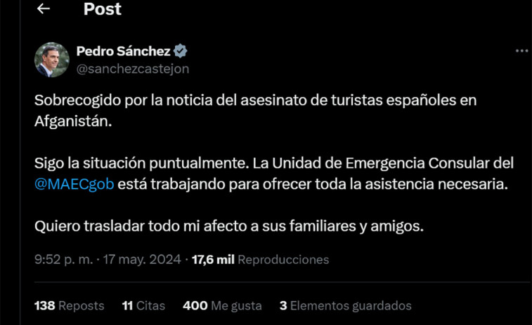 Tres turistas españoles mueren y otro resulta herido en un tiroteo en Afganistán