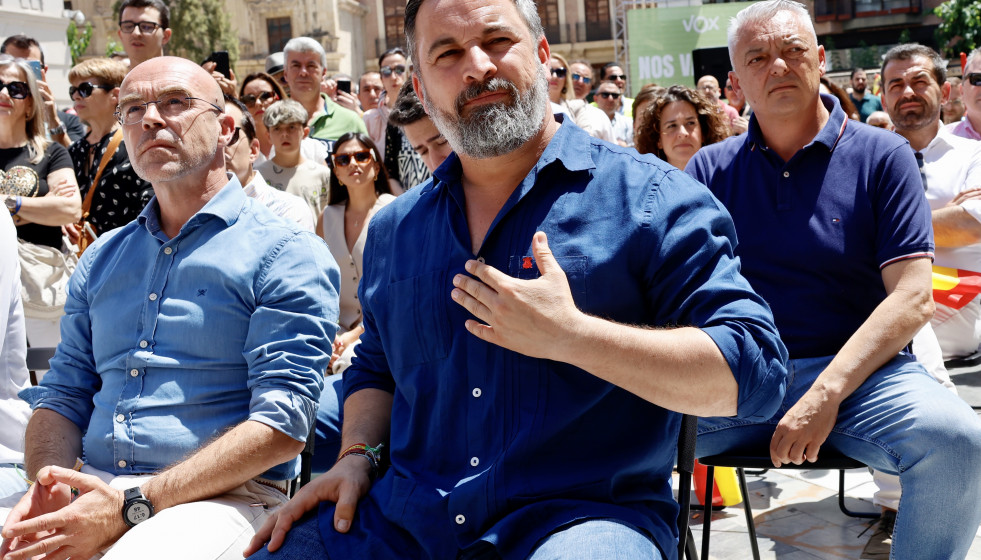 MURCIA, 02/06/2024.- Vox ha celebrado este mediodía, un mitin de campaña de las elecciones europeas que ha contado con Santiago Abascal, el acto central en Murcia de la formación de cara a los comi