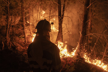 OÍMBRA (OURENSE), 06/09/2024.- Un bombero forestal observa las llamas mientras trabaja anoche en las labores de extinción de un incendio forestal declarado en Oímbra (Ourense). Un incendio forestal