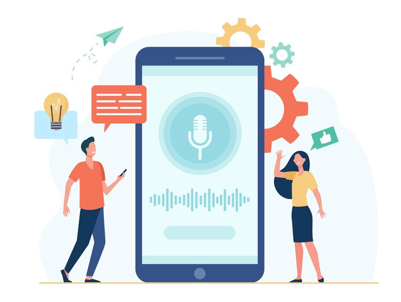 Personas telefonos moviles que utilizan software asistente voz inteligente hombre mujer junto pantalla microfono ondas sonoras grabacion sonido interfaz aplicacion concepto tecnologia ai 74855 10131