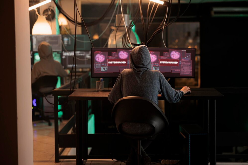 Joven ladron que trabaja piratear sistemas informaticos monitores multiples utilizando malware servidor plantar virus hacker peligroso haciendo phishing cometiendo ciberterrorismo robando contrasenas 482257 68986
