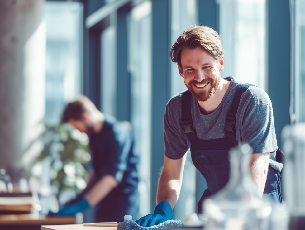 U5345365137 Smiling professional male cleaning staff in a moder b84c5876 7be3 4a76 9ca0 dea8a39789f4