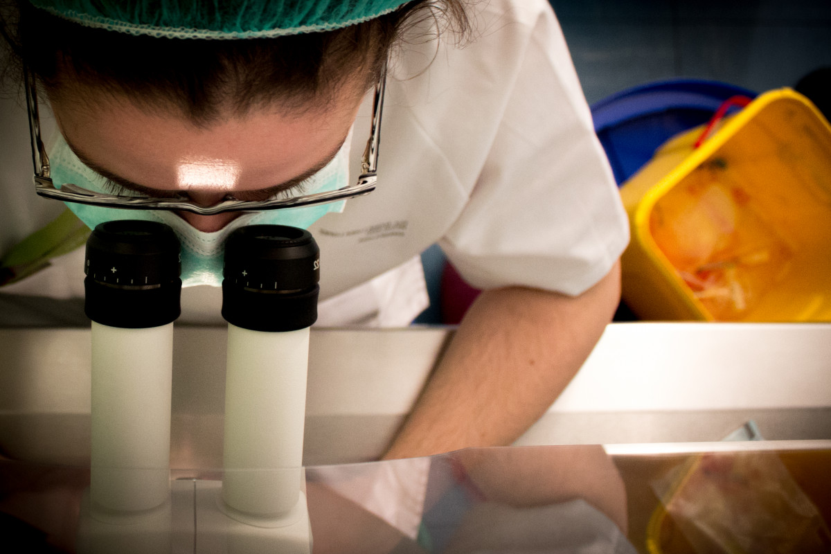 Primer plano de cientifica analizando una muestra