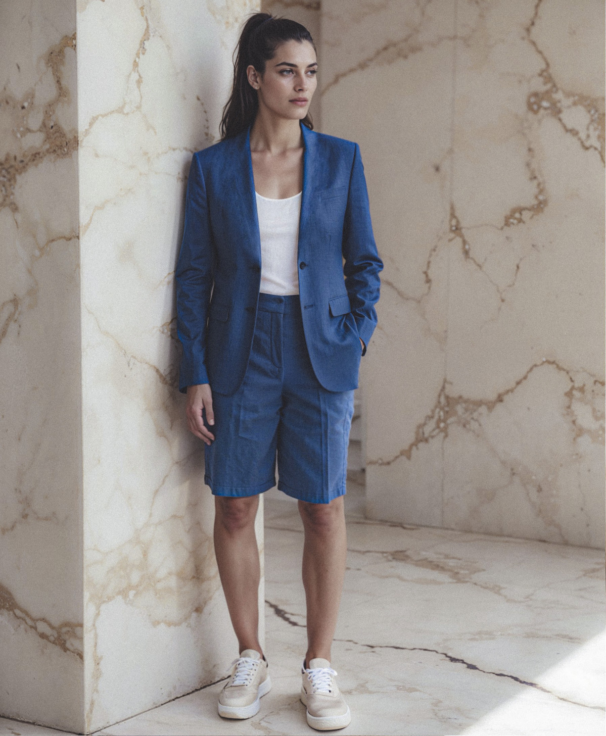 Traje azul con bermudas y camiseta sin mangas Sumissura