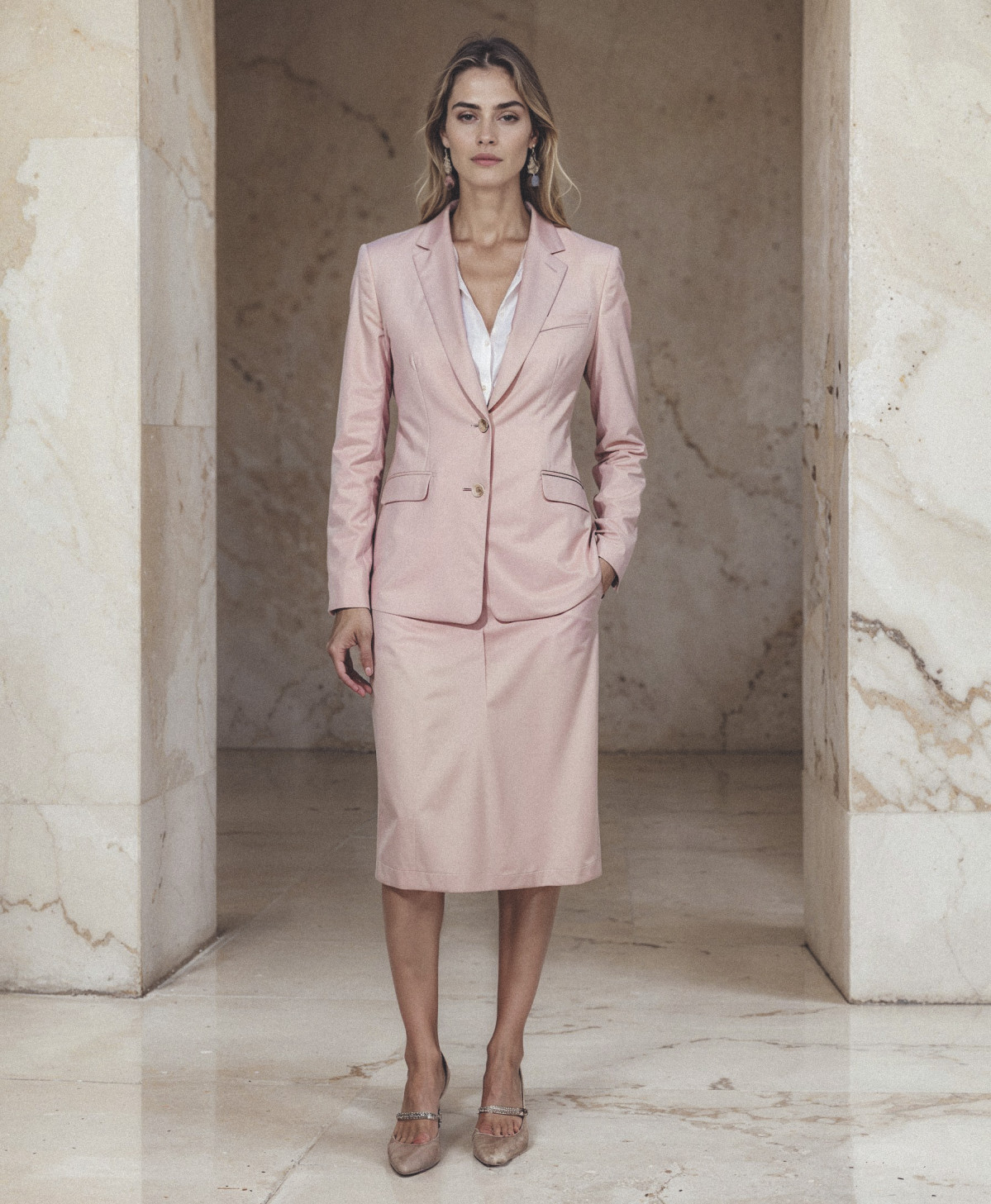 Traje falda midi rosa y camisa blanca de vestir Sumissura