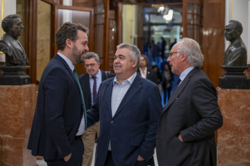 MADRID, 22/10/2024.- Los diputados socialistas Juan Francisco Serrano (i) y Santos Cerdán (c) junto a Juan José Aizcorbe, de Vox, durante el Pleno del Congreso de los Diputados celebrado este martes