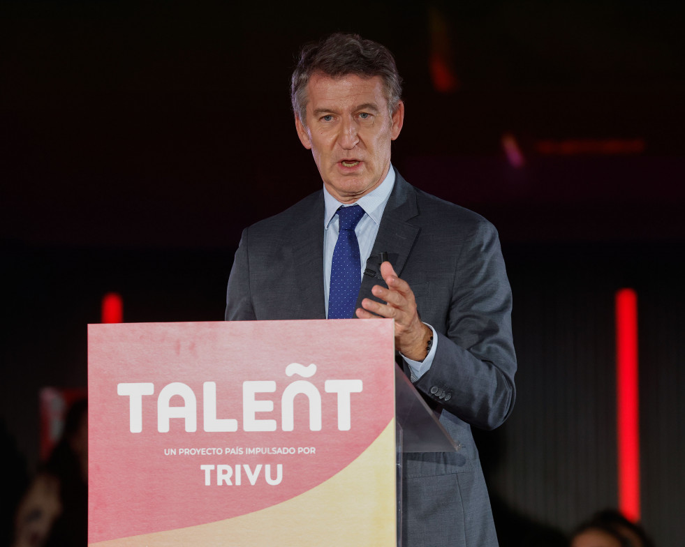 MADRID, 19/06/2025.- El líder del PP, Alberto Núñez Feijóo, interviene en la inauguración del VI Gran Foro Anual Taleñt, este jueves en Madrid. EFE/ J.P.Gandul