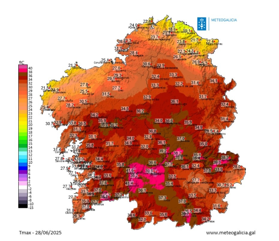 Temperaturas mu00e1ximas 28 de junio @ MeteoGalicia